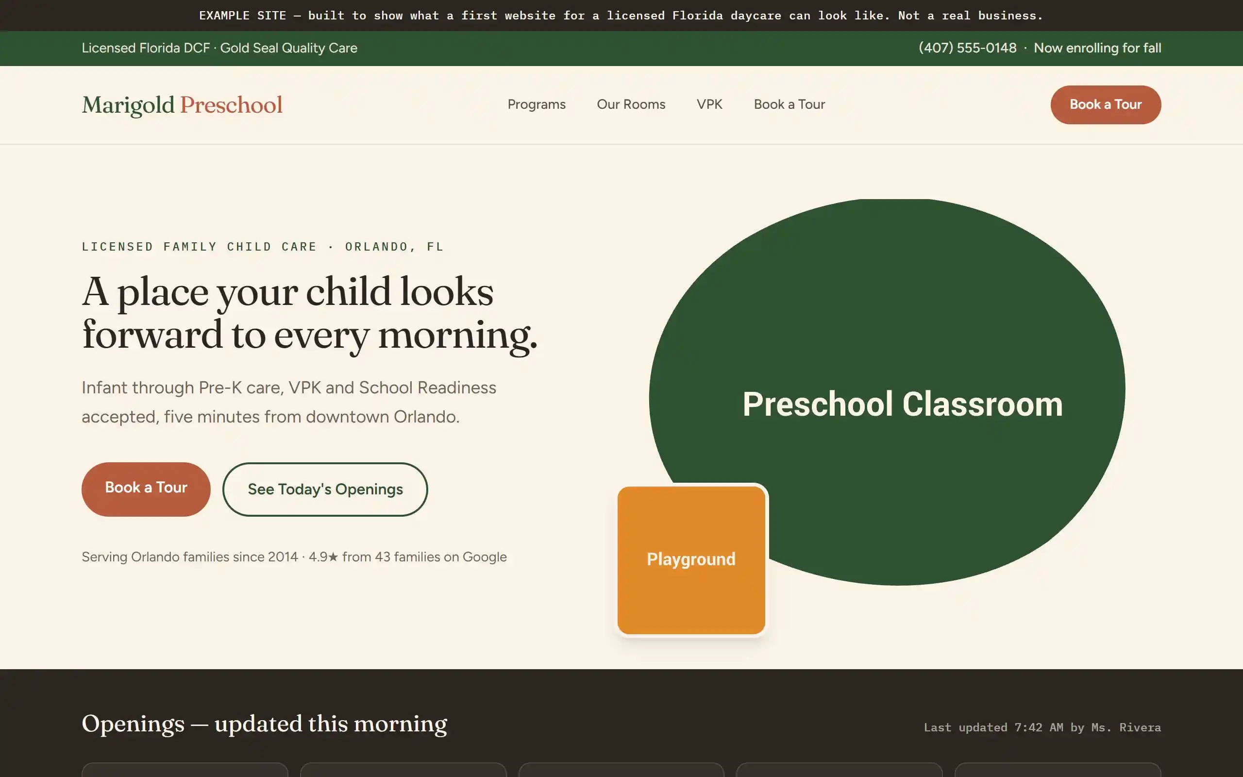 Preview of an example childcare center website homepage, showing a hero photo and a Book a Tour button.
